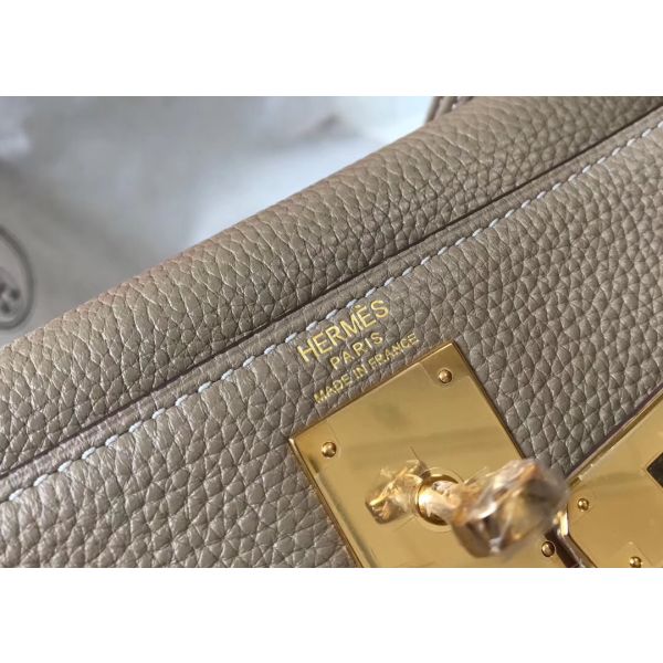 HERM Kelly 32cm Bag In Gris Tourterelle Clemence Leather GHW