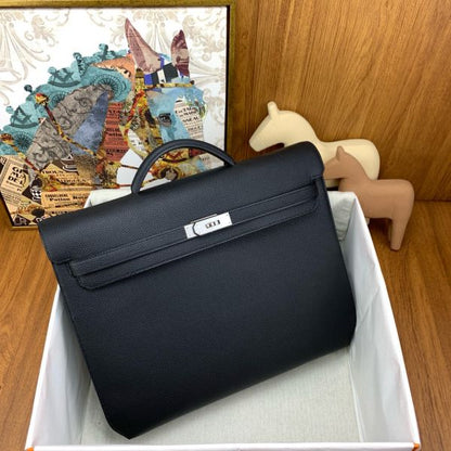 HERM Kelly Depeches 36 Briefcase in Black Clemence Leather