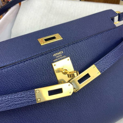 HERM Kelly Elan Handmade Bag In Blue Saphir Chevre Mysore Leather