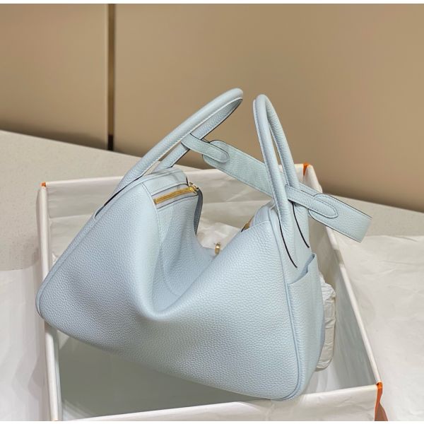 HERM Lindy 30cm Bag In Blue Brume Clemence Leather GHW