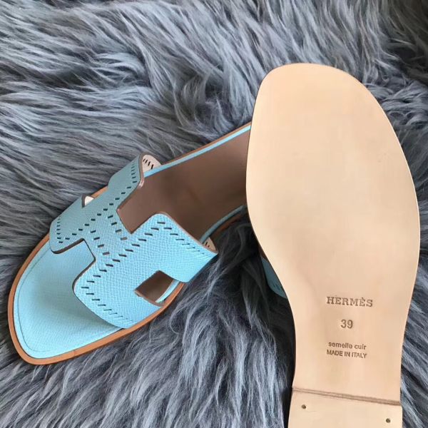 HERM Oran Perforated Sandals In Blue Atoll Epsom Leather
