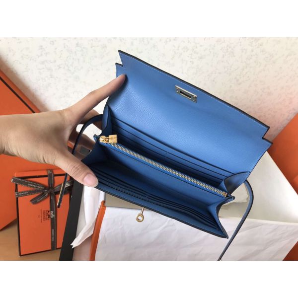 HERM Kelly Classic Long Wallet In Blue Jean Epsom Leather