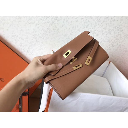 HERM Kelly Classic Long Wallet In Brown Epsom Leather