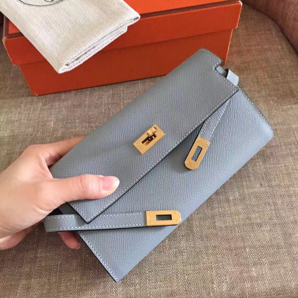 HERM Kelly Classic Long Wallet In Ciel Epsom Leather