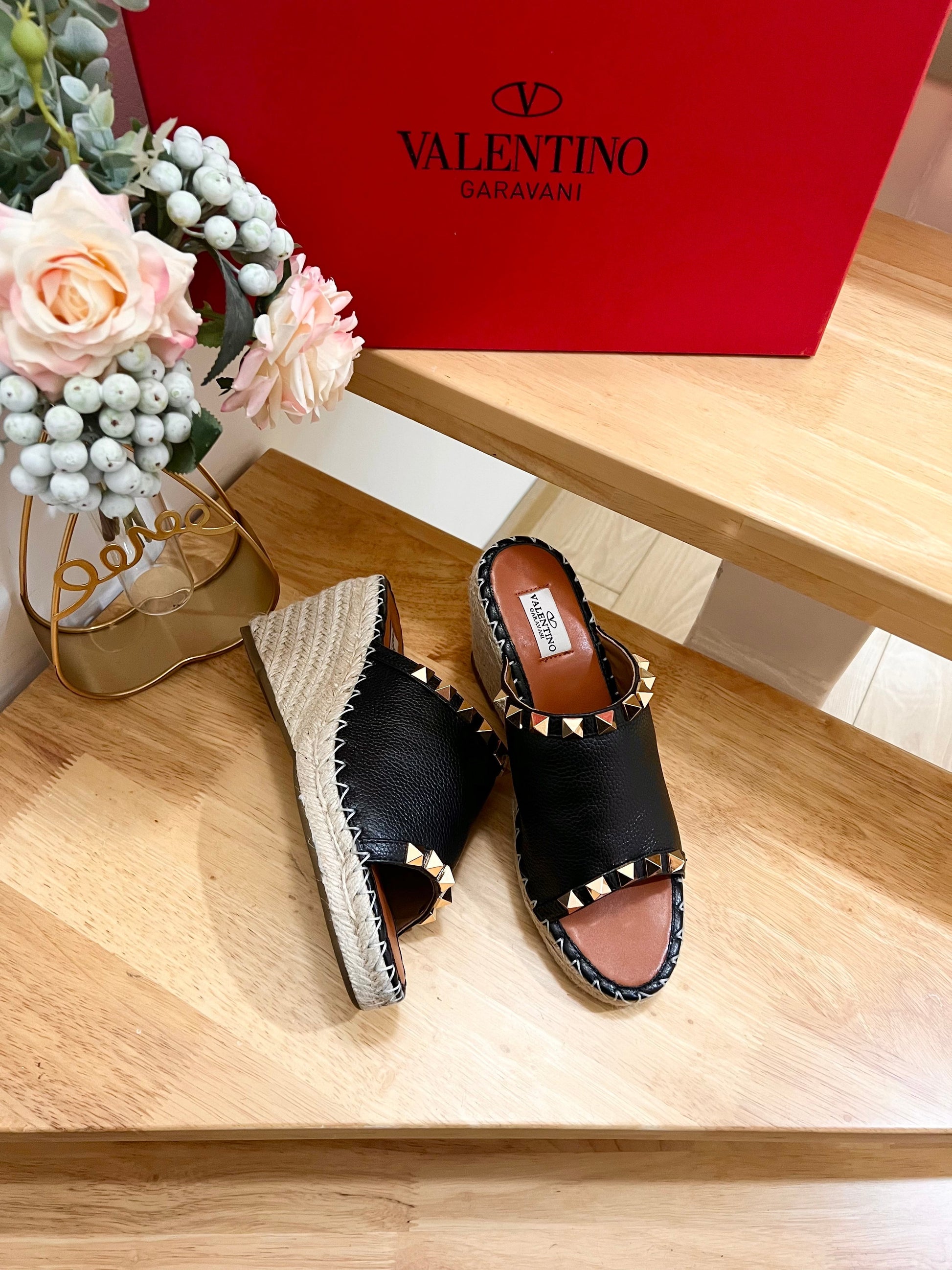 LACE-UP WEDGE SANDALS IN BLACK CALFSKIN WITH STUDS