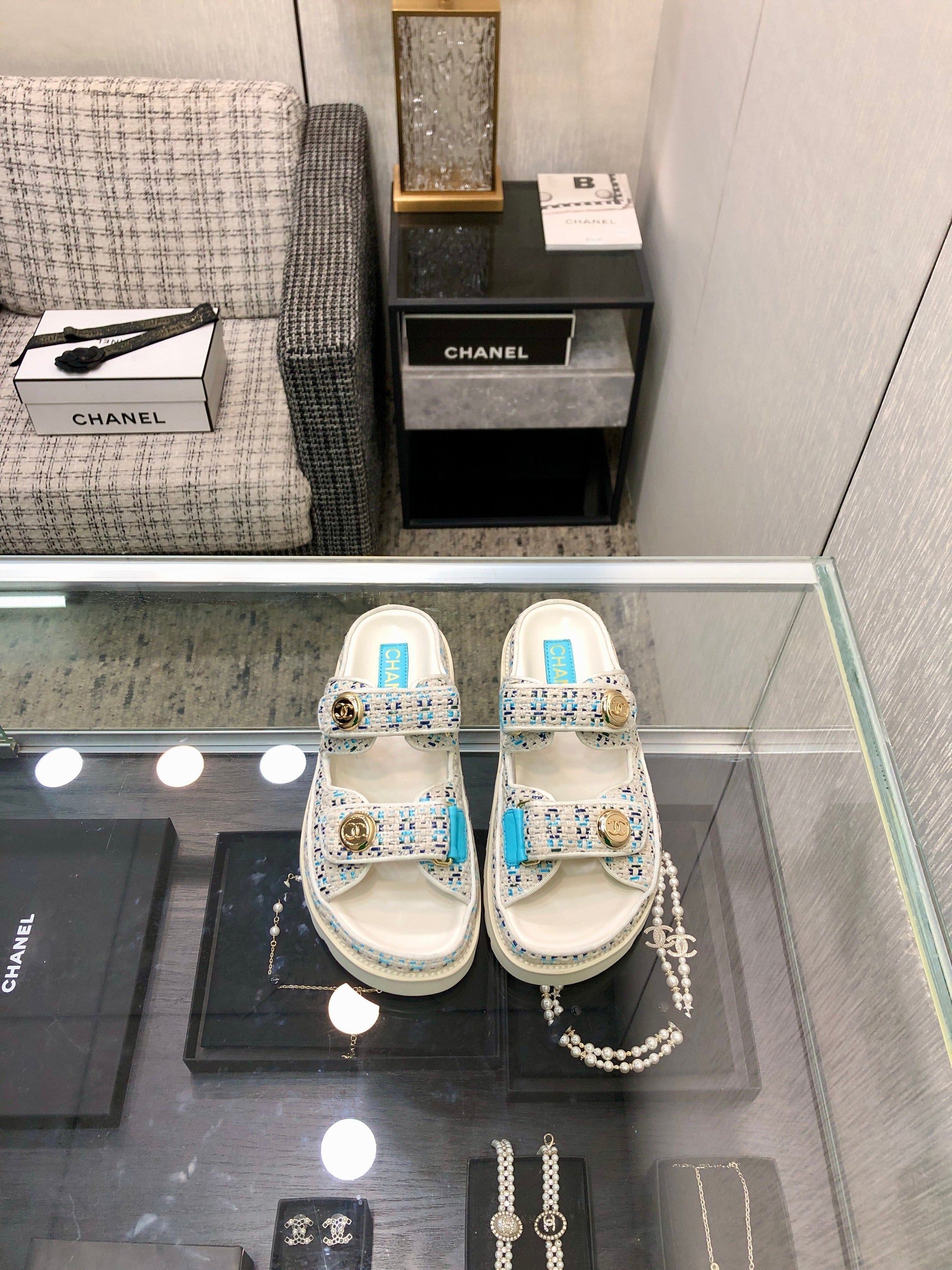 DAD SANDAL MULE IN WHITE MIX LIGHT BLUE TWEED FABRIC