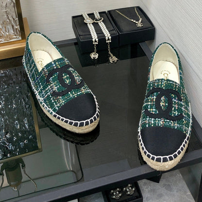 ESPADRILLE FOREST GREEN TWEED FABRIC AND BLACK CALFSKIN FLATS