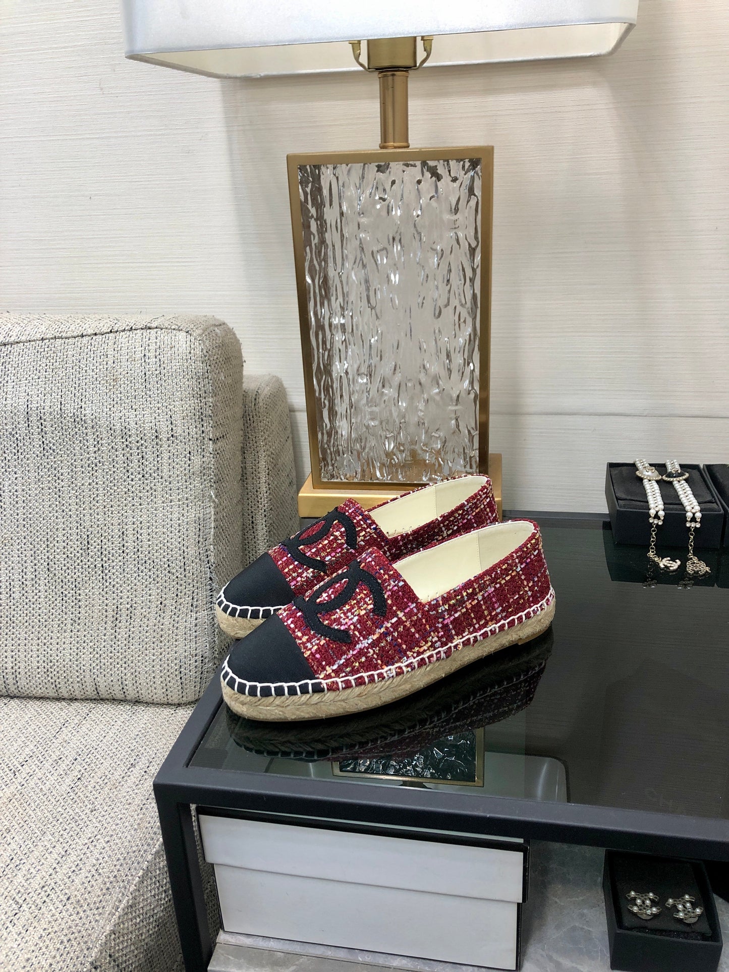 ESPADRILLE BLACK MIX CRIMSON RED TWEED FABRIC FLATS