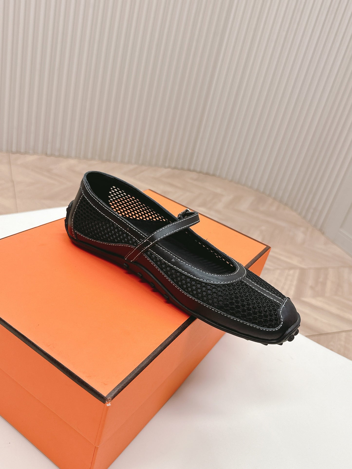 KICHU BALLET FLAT IN BLACK CROCHET KNIT AND CALFSKIN