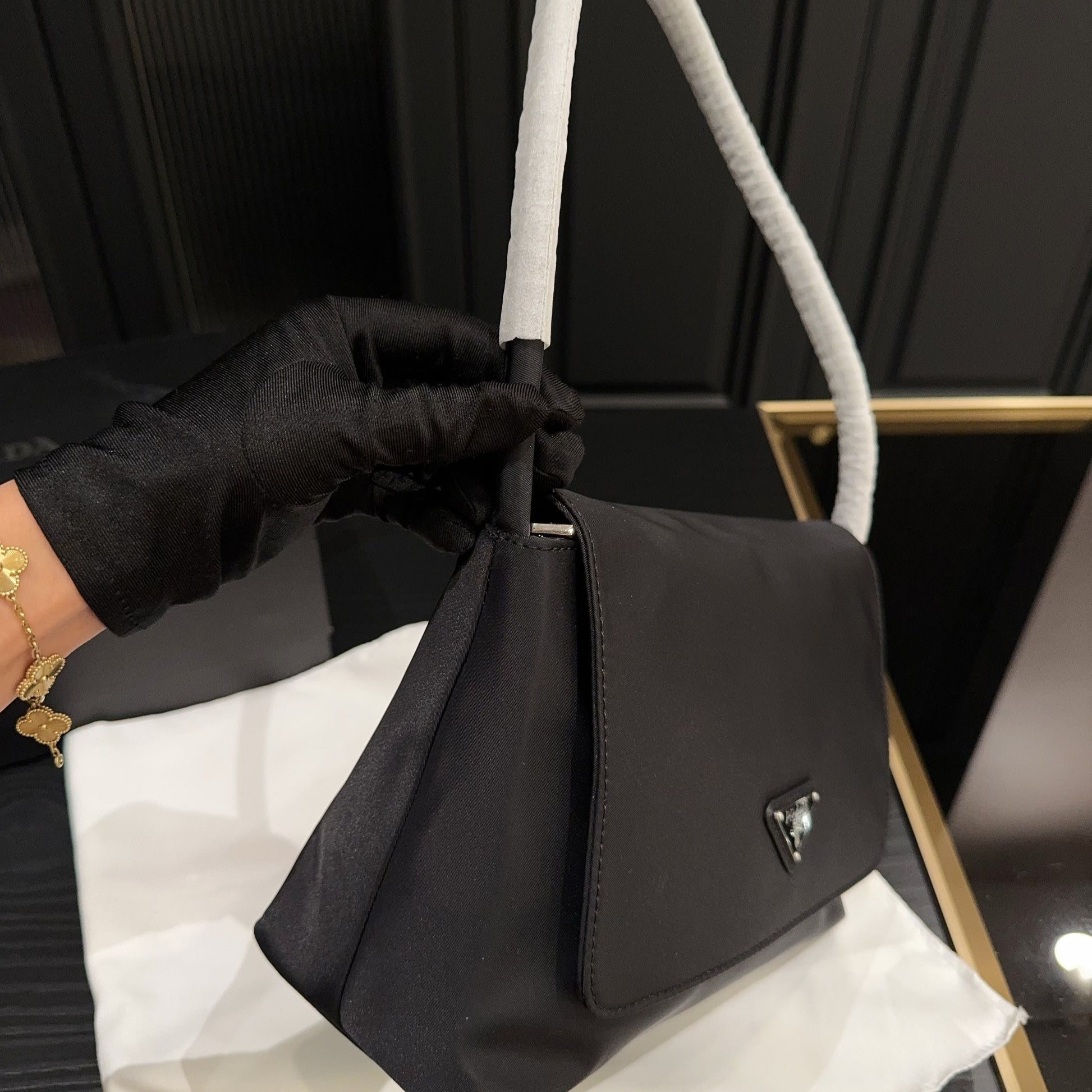 TRIANGLE LOGO SHOULDER BAG 26 IN BLACK RE-NYLON