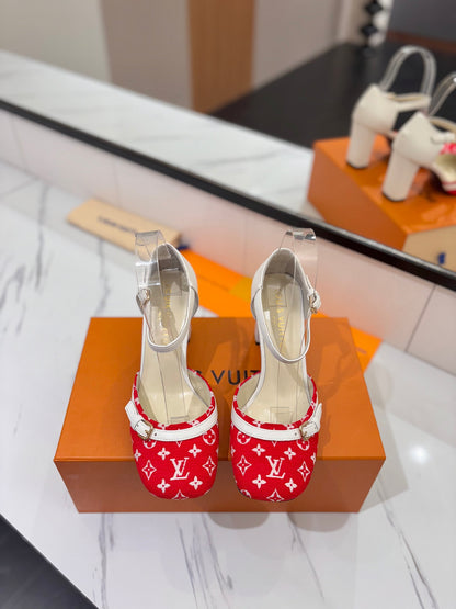 HIGH SANDALS 8 CM IN CHERRY RED MONOGRAM DENIM AND WHITE CALFSKIN