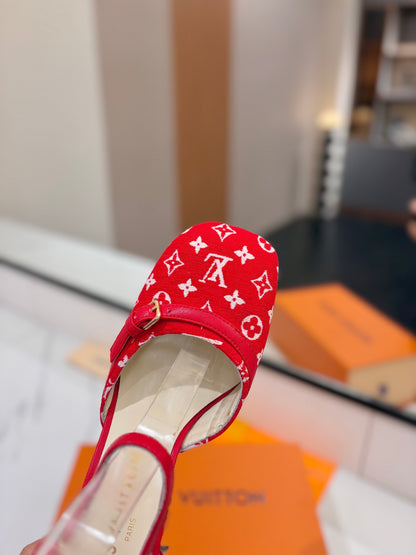 HIGH SANDALS 8 CM IN CHERRY RED MONOGRAM DENIM