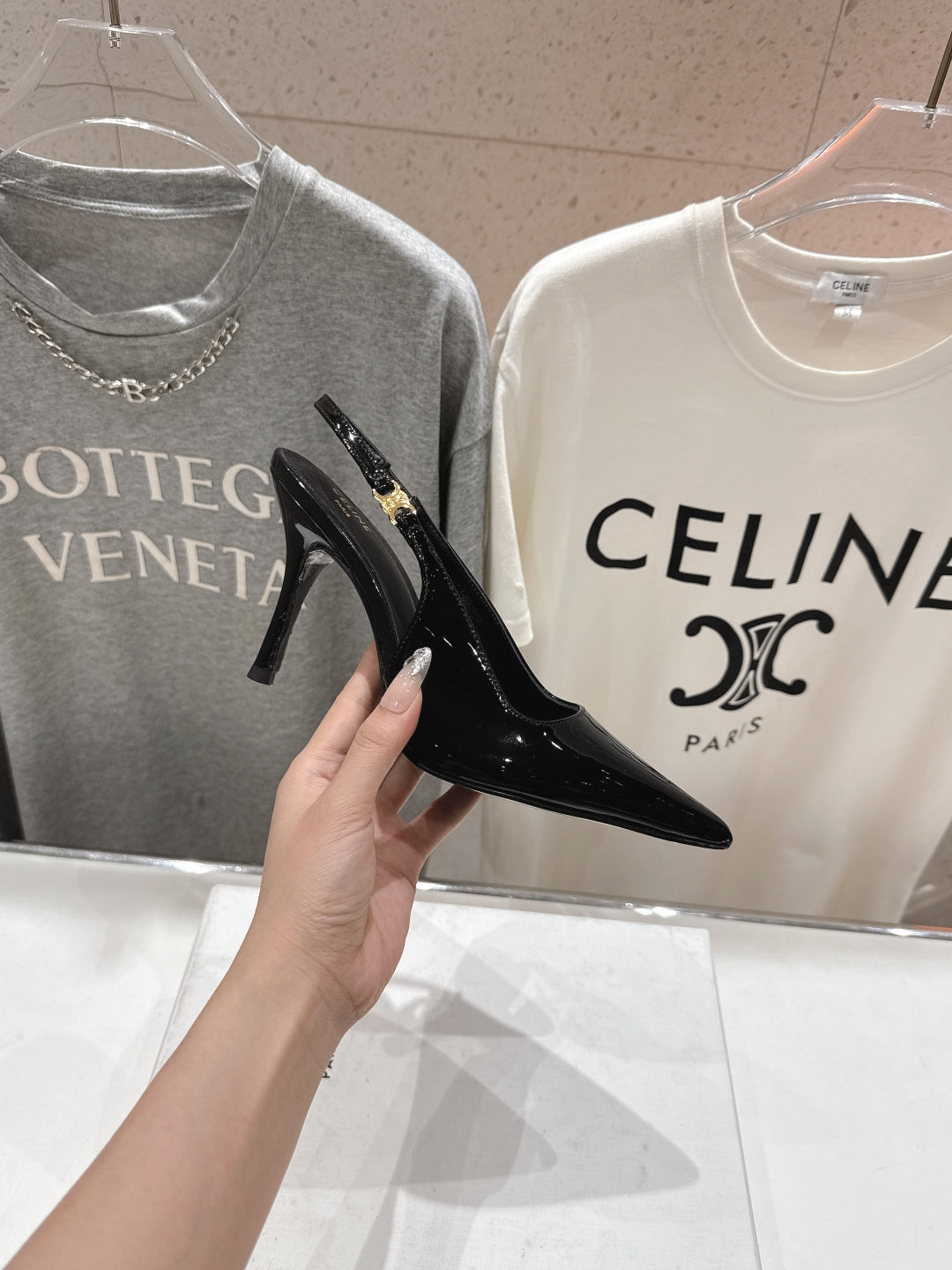 JUDY TRIOMPHE STILETTO SLINGBACK 75MM IN BLACK PATENT CALFSKIN