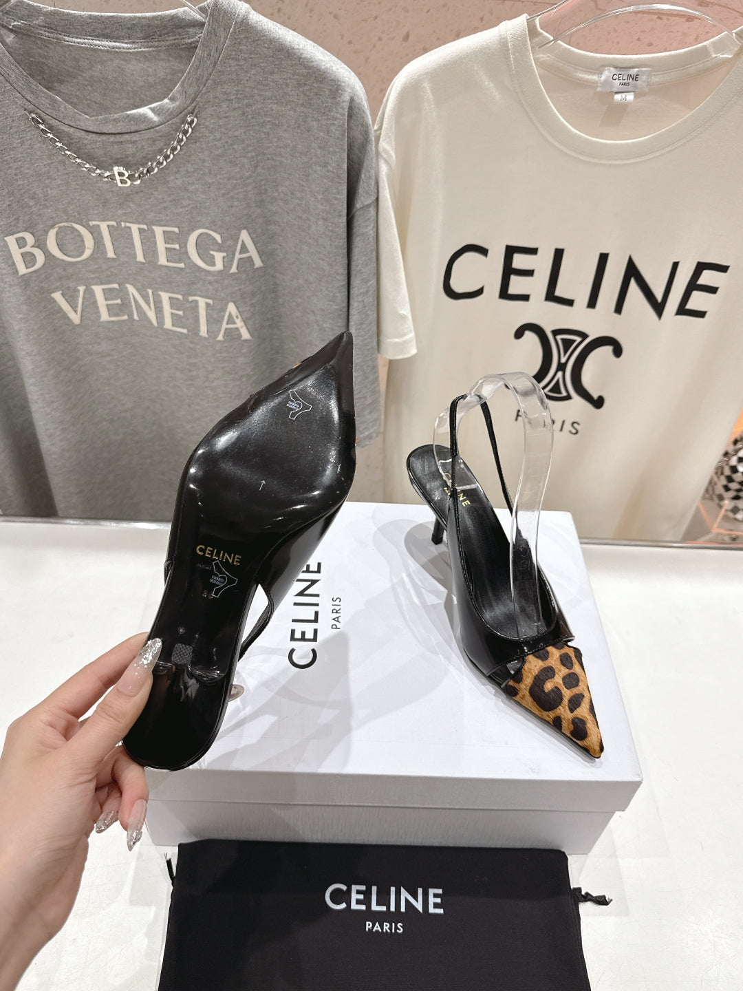 JUDY CAP TOE SLINGBACK 65MM IN BLACK PATENT CALFSKIN AND LEOPARD PRINTED HAIRY CALFSKIN