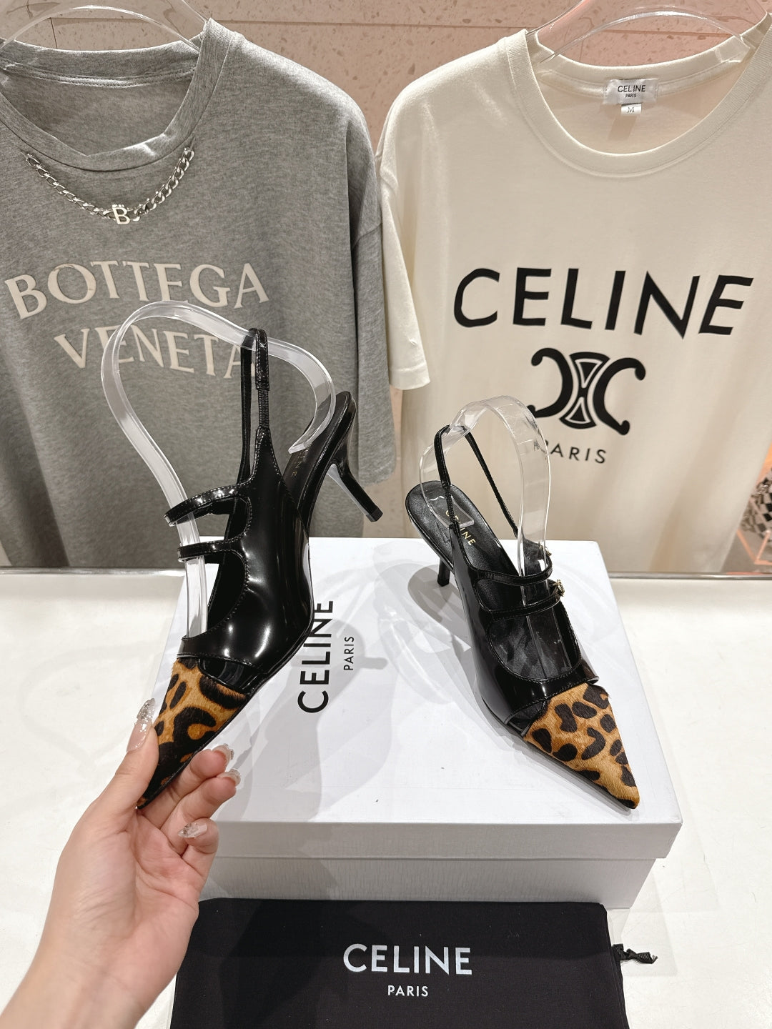JUDY DOUBLE STRAP MARY JANE SLINGBACK 65MM IN BLACK PATENT CALFSKIN AND LEOPARD PRINTED HAIRY CALFSKIN