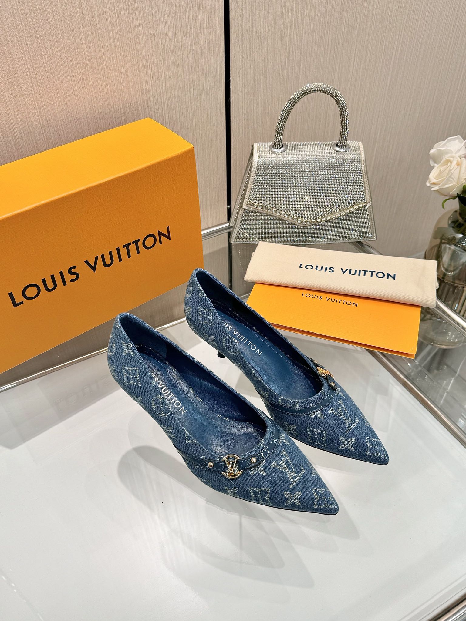 6AM HIGH HEELS 55 MM IN CLASSIC BLUE MONOGRAM DENIM
