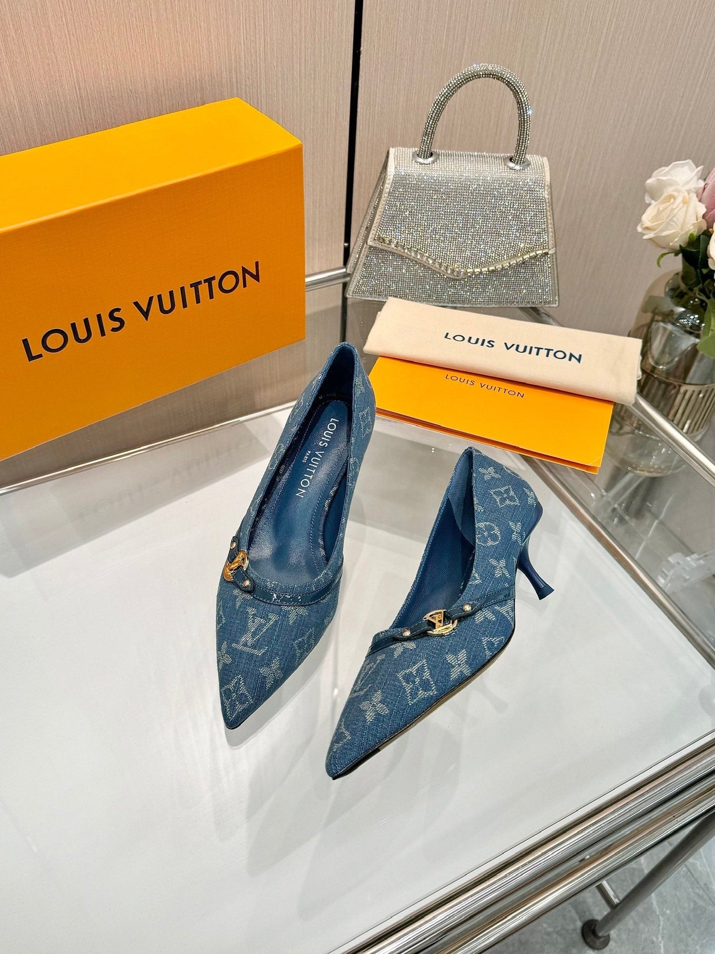 6AM HIGH HEELS 55 MM IN CLASSIC BLUE MONOGRAM DENIM