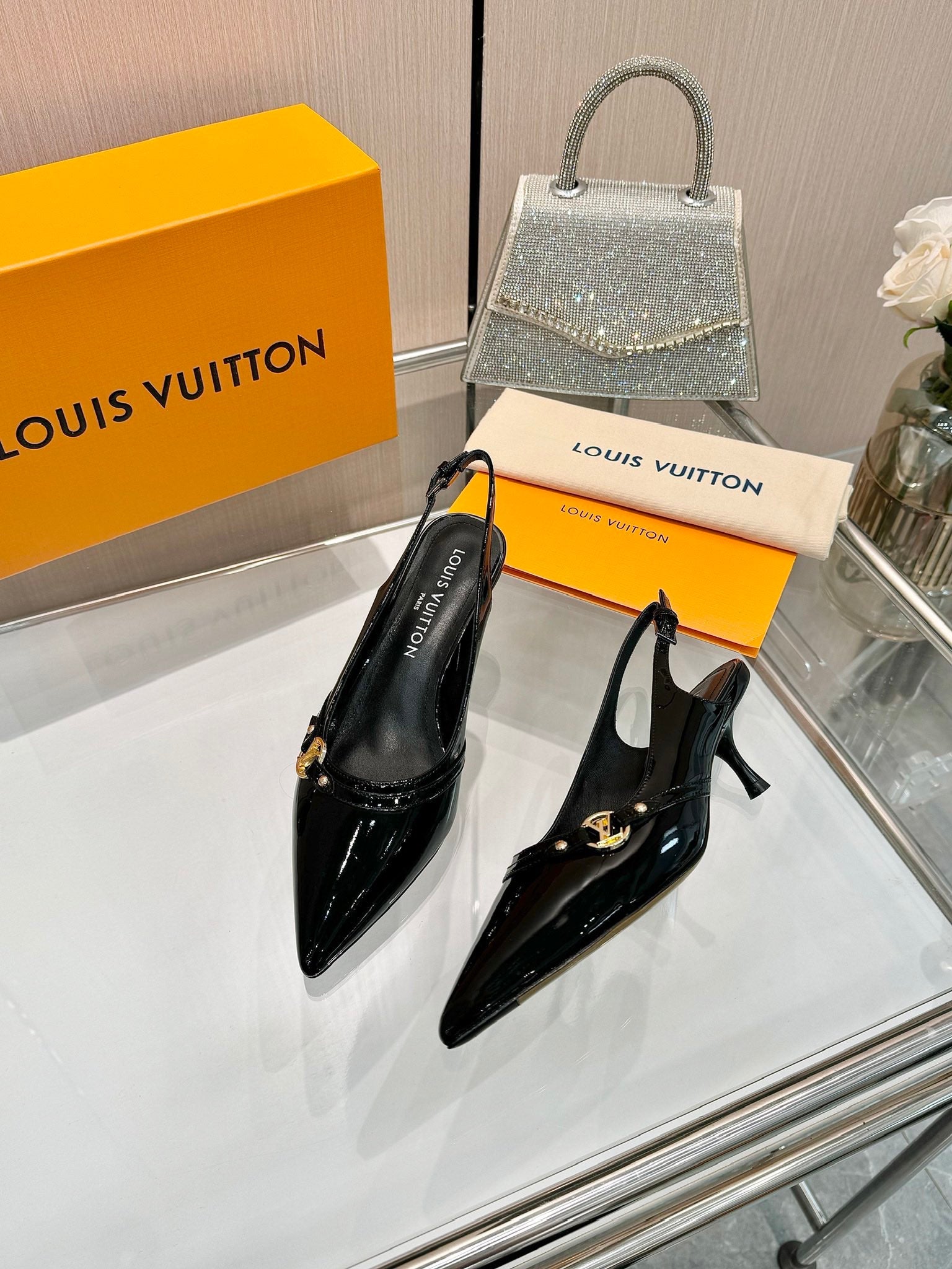 6AM SLINGBACK HIGH HEELS 55 MM IN BLACK PATENT LAMBSKIN
