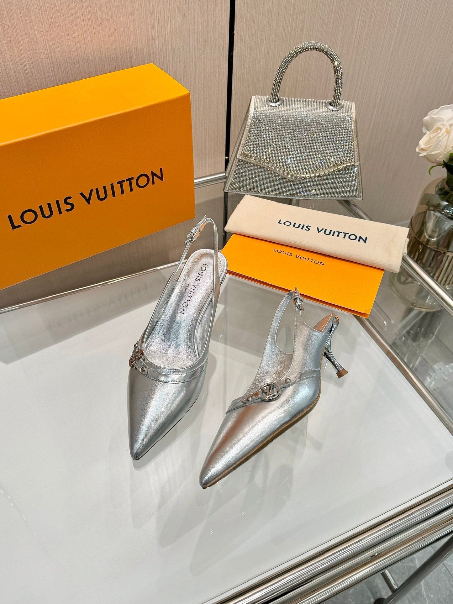 6AM SLINGBACK HIGH HEELS 55 MM IN SILVER LAMBSKIN