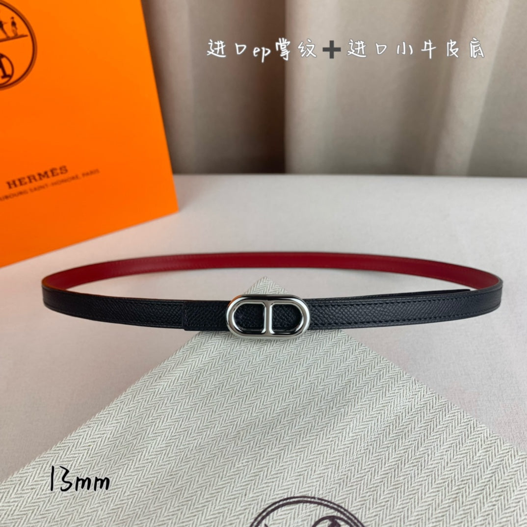 HM MAILLON H BELT BUCKLE & REVERSIBLE BLACK LEATHER STRAP 13 MM SILVER HARDWARE