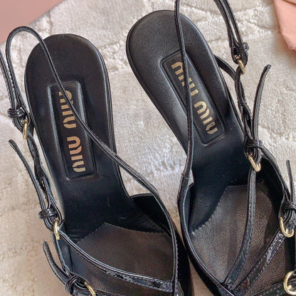 Slingback Black Leather With Stylized Cross Straps - High heels