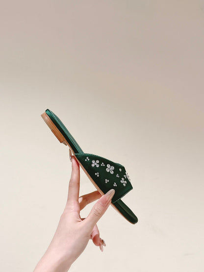 LV WOMEN FLAT MULE IN GREEN FOREST SATIN WITH RHINESTONE