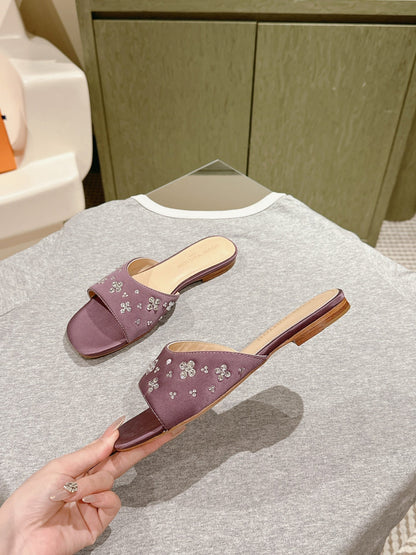 LV WOMEN FLAT MULE IN MAUVE PURPLE SATIN WITH RHINESTONE
