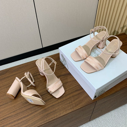 HIGH HEEL EMBROIDERED SANDAL IN LIGHT PINK CALFSKIN AND WOVEN STRAPS