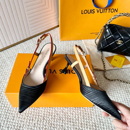 BLOSSOM PUMP SLINGBACKS 55 MM IN BLACK IMPORTED STRIPED SILK SATIN