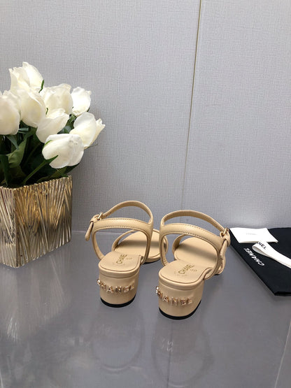 BLOCK HEEL 5 CM SANDAL IN SAND BROWN LAMBSKIN