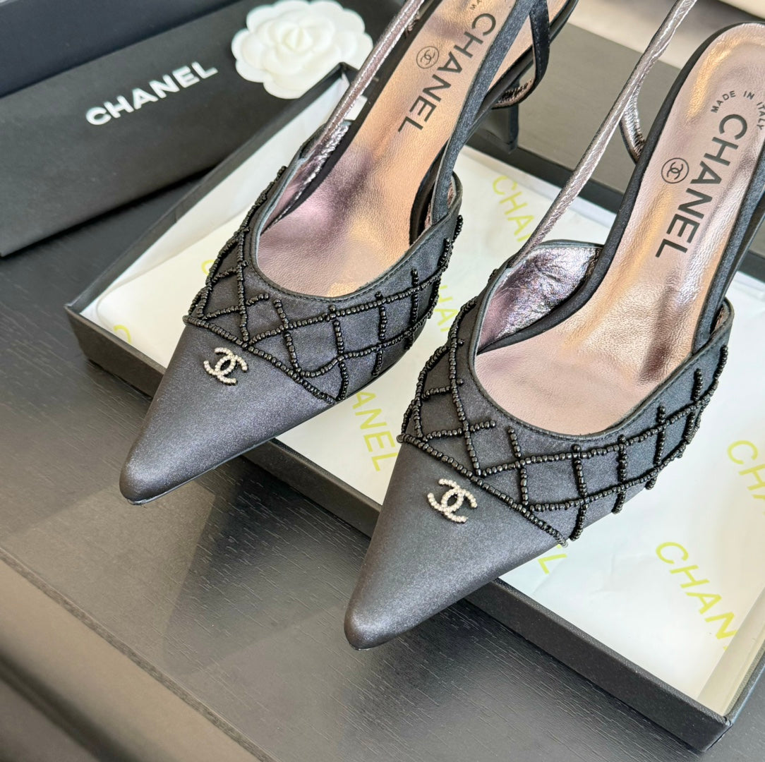 POINTED SLINGBACK MID HEELS BLACK LAMBSKIN