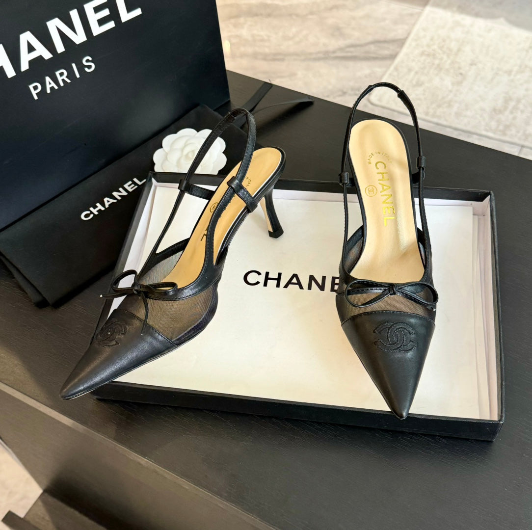 MESH LOGO SLINGBACKS IN BLACK LAMBSKIN