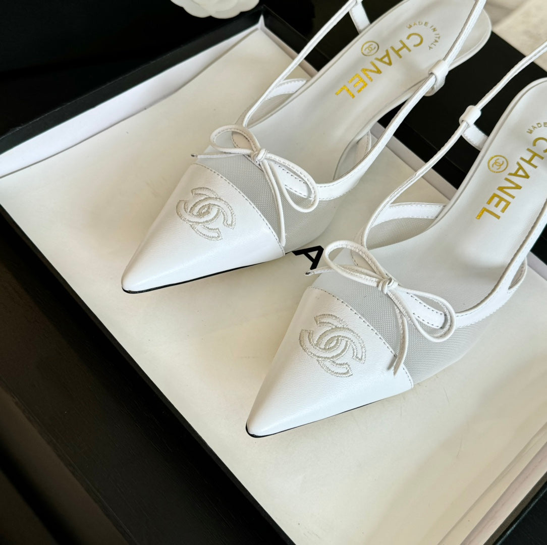 MESH LOGO SLINGBACKS IN WHITE LAMBSKIN