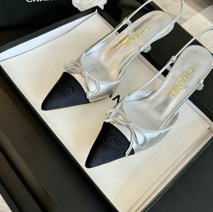 SLINGBACK WITH BOW IN SILVER MIX BLACK LAMBSKIN