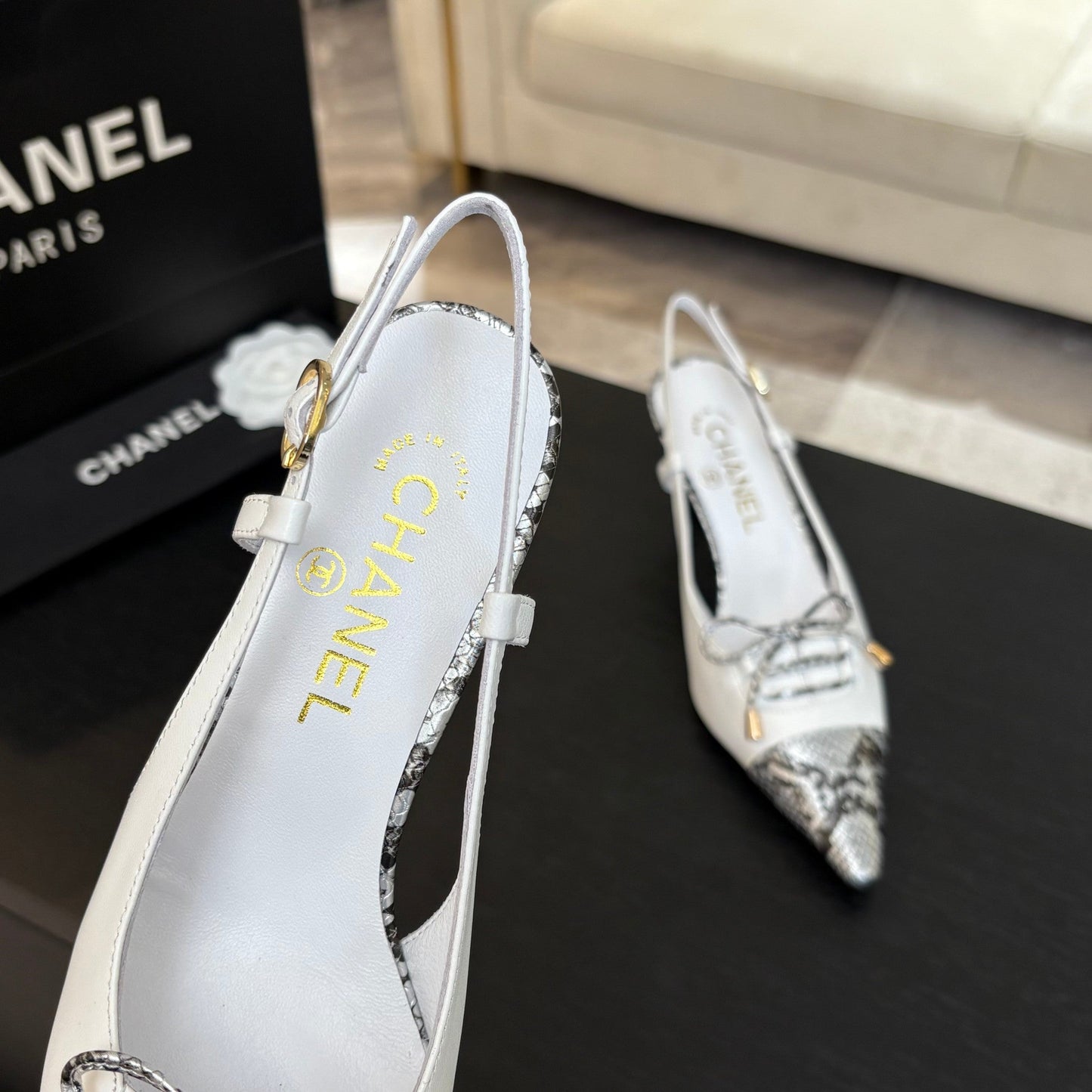 HIGH HEEL SLINGBACKS 65 MM IN WHITE WITH SNAKESKIN PATTERN LAMBSKIN