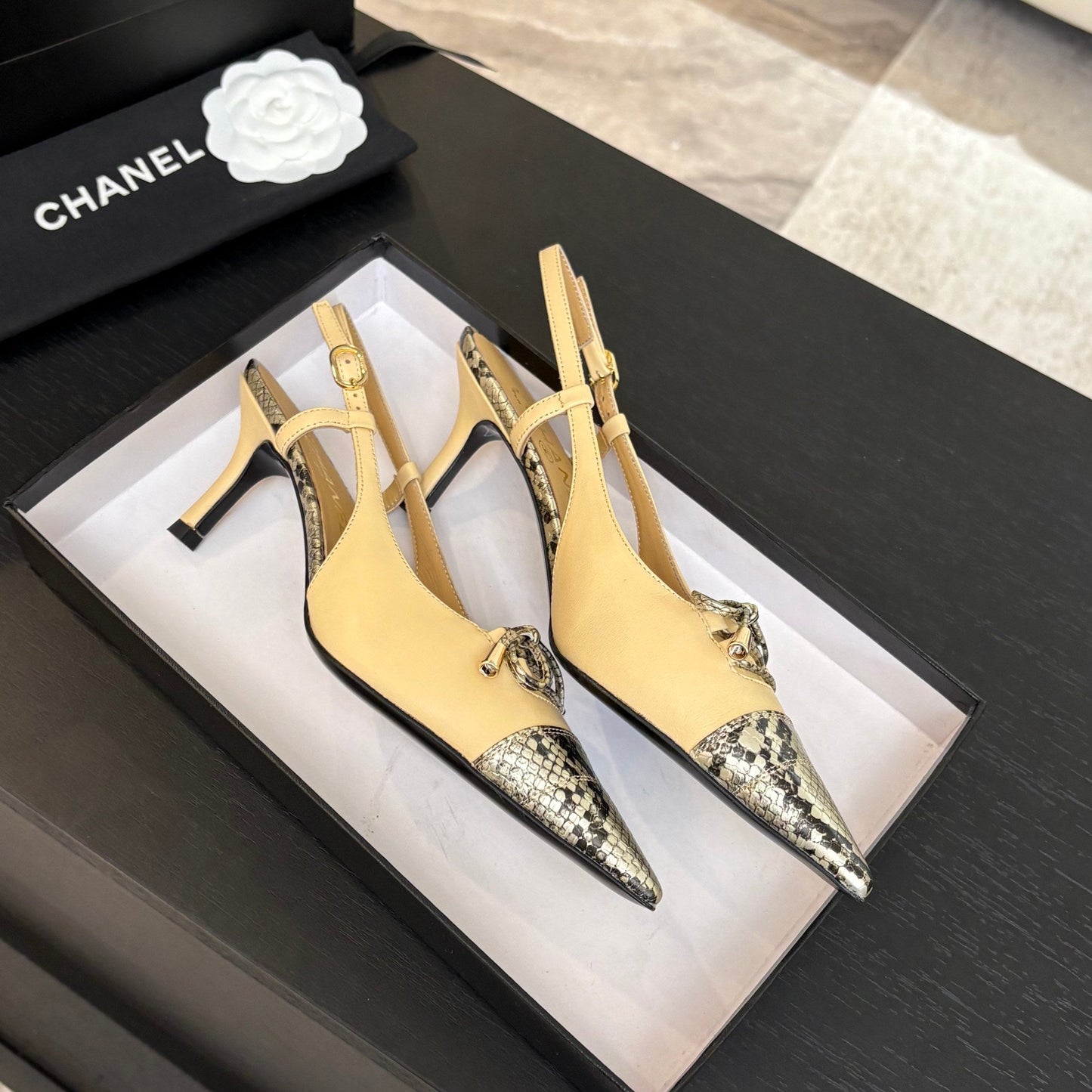 HIGH HEEL SLINGBACKS 65 MM IN FLAX YELLOW WITH SNAKESKIN PATTERN LAMBSKIN