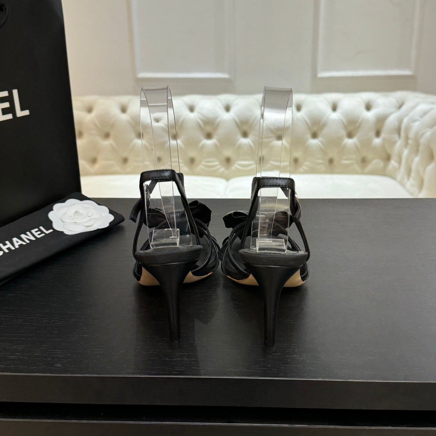 HIGH HEEL SANDAL WITH BOW IN BLACK LAMBSKIN