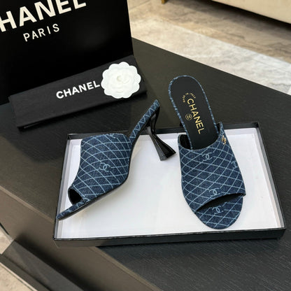 PEEP TOE MULE 85MM IN BLUE DENIM CHECKERED AND LOGO