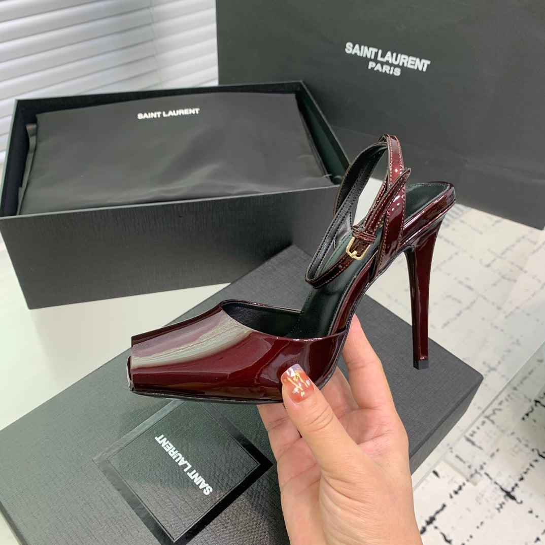 SL FISH MOUTH SANDAL PUMP BERRY POLISHED CALFSKIN