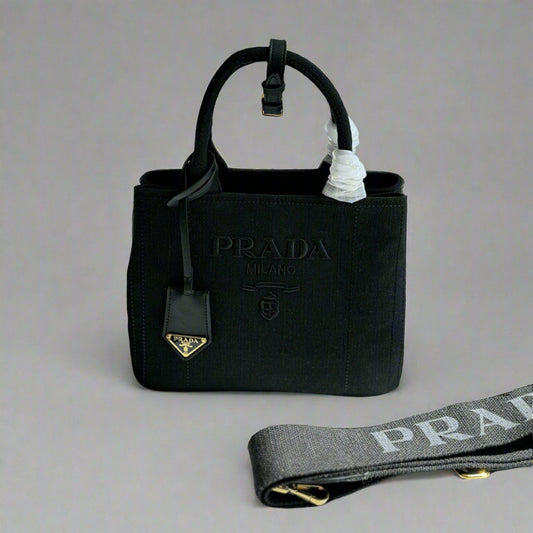 CANAPA TOTE BAG 26 IN BLACK LINEN BLEND EMBROIDED LOGO
