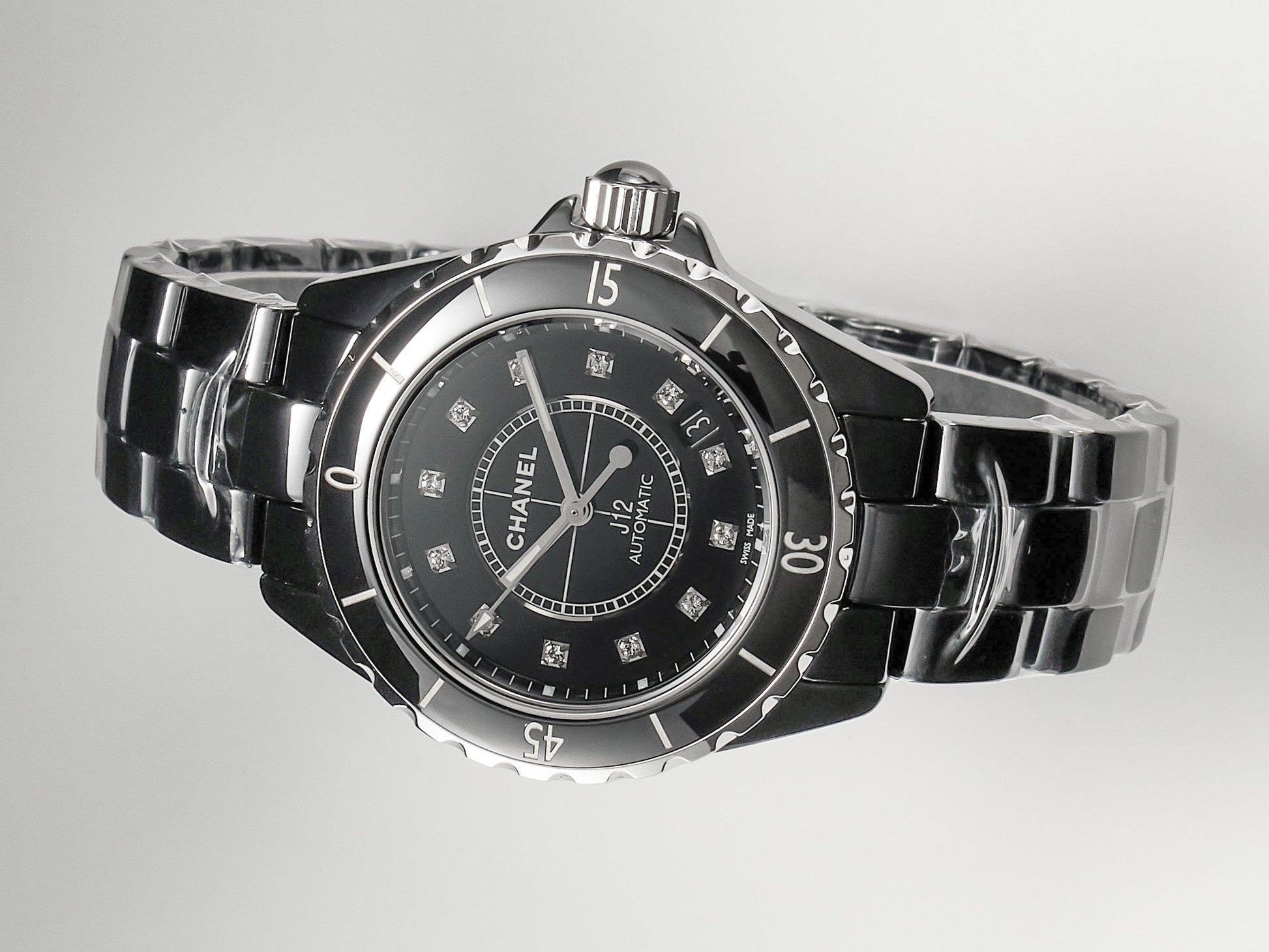 J12 Date Automatic Black Ceramic Diamond Numerals Black Dial White Steel Hands