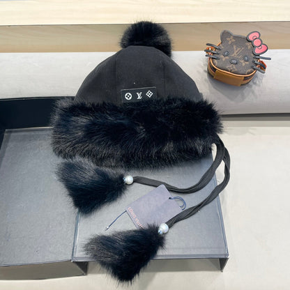 BEANIE HAT IN BLACK FLEECE AND WOOL 424308