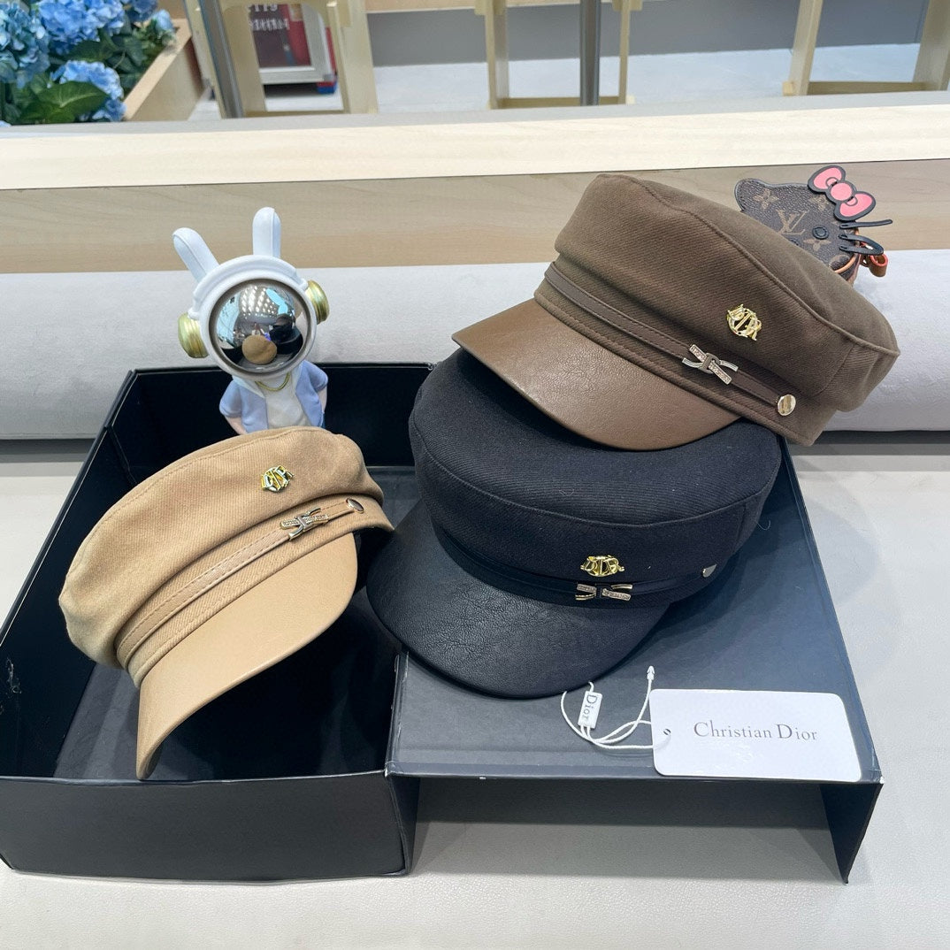 BAKER BOY HAT IN BLACK COTTON AND LEATHER 428246