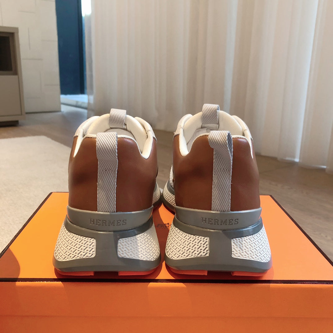 HEROS SNEAKER IN WHITE BREATHABLE MESH FABRIC AND BROWN CALFSKIN
