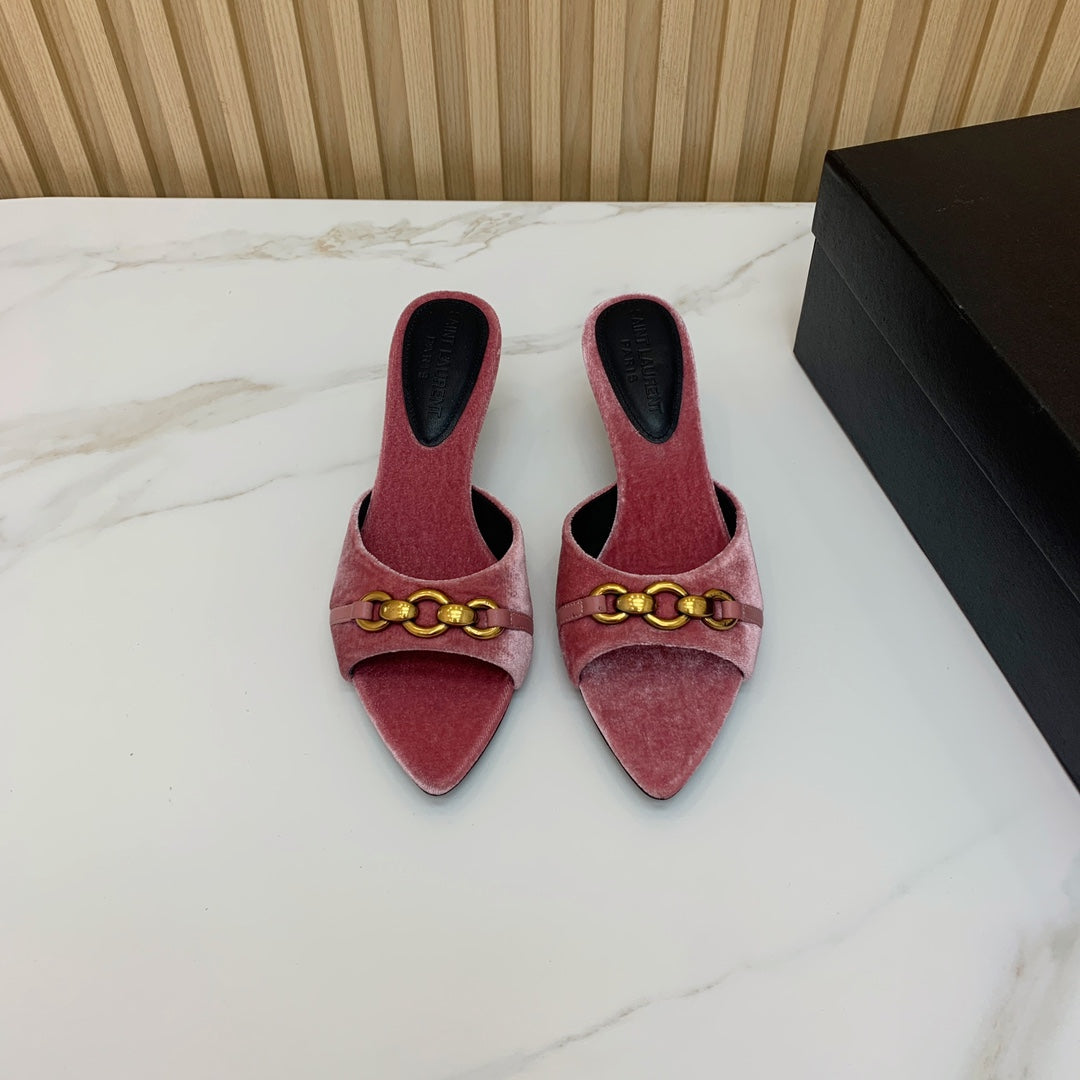 SL CHAIN ATTACH HEELED MULES BLUSH PINK VELVET