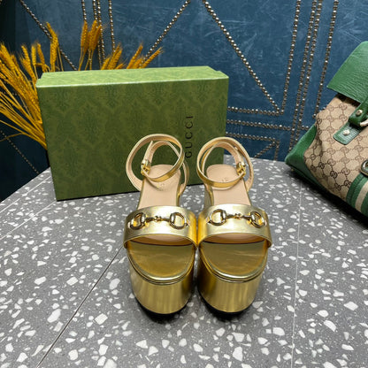 GG HORSEBIT PLATFORM SANDAL METALLIC GOLD CALFSKIN