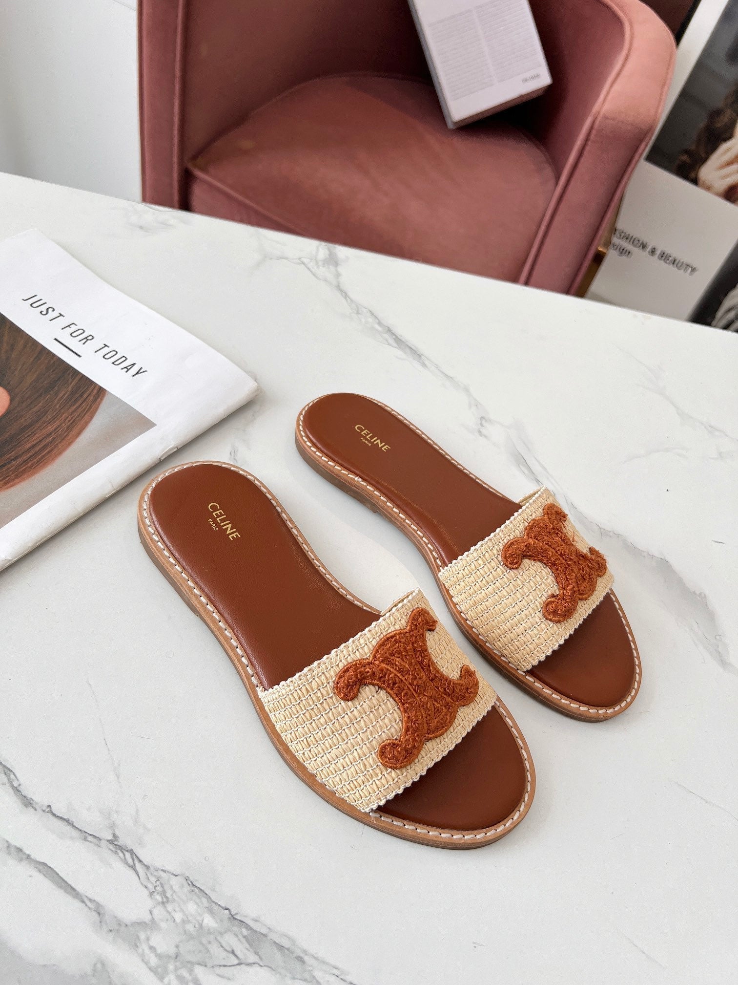 LYMPIA MULE BEIGE RAFFIA AND TAN WOOL
