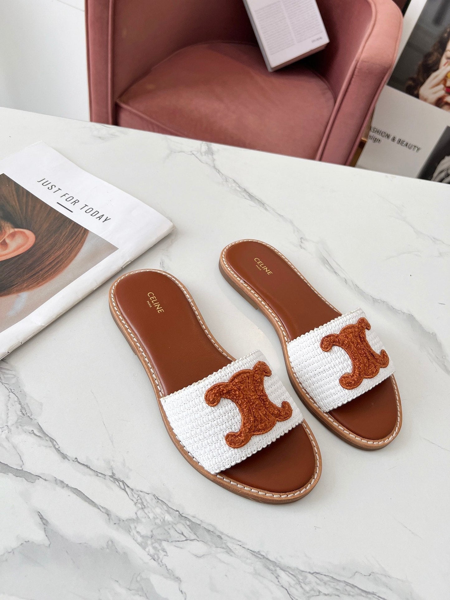 LYMPIA MULE WHITE RAFFIA AND TAN WOOL