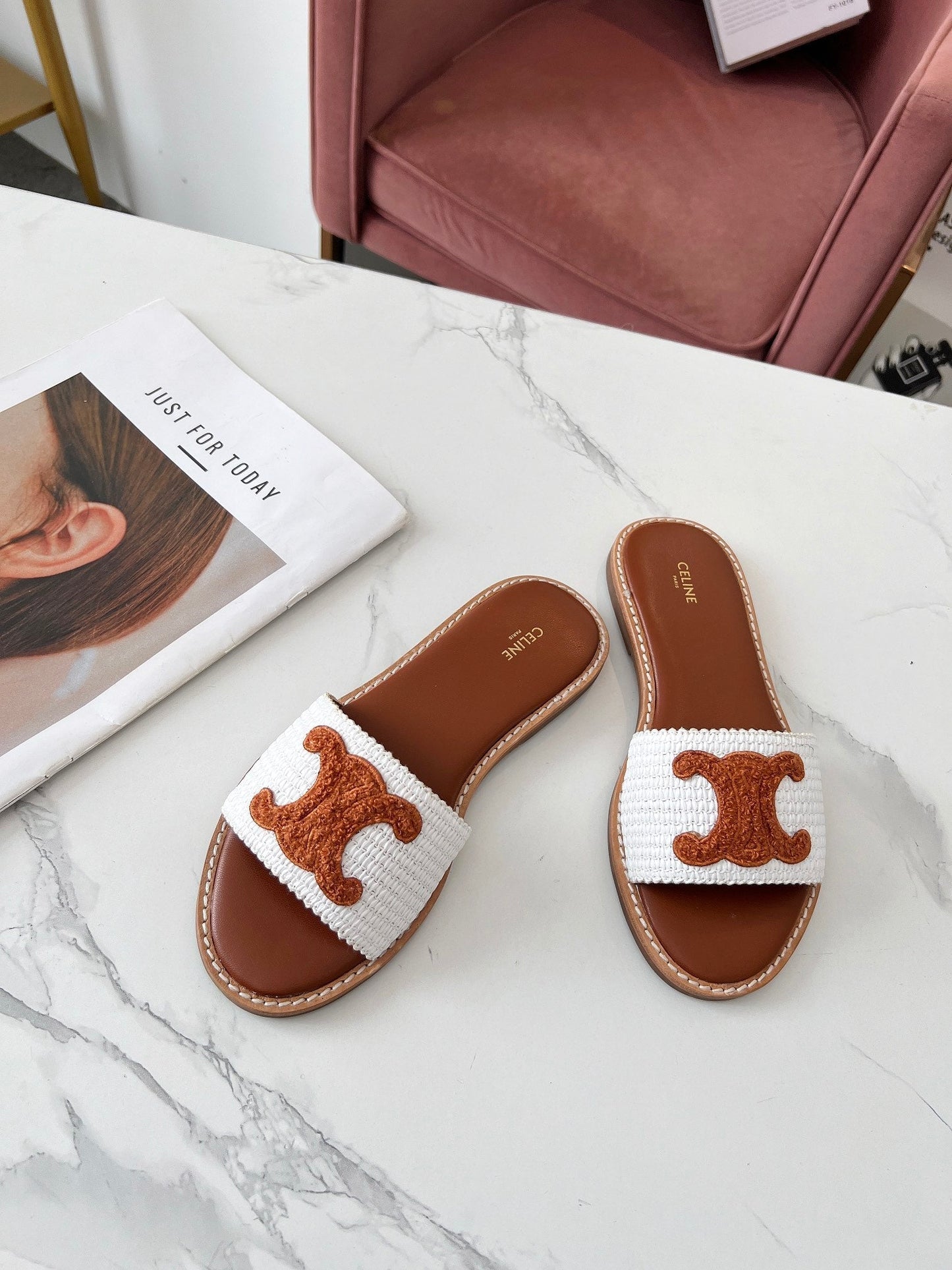 LYMPIA MULE WHITE RAFFIA AND TAN WOOL
