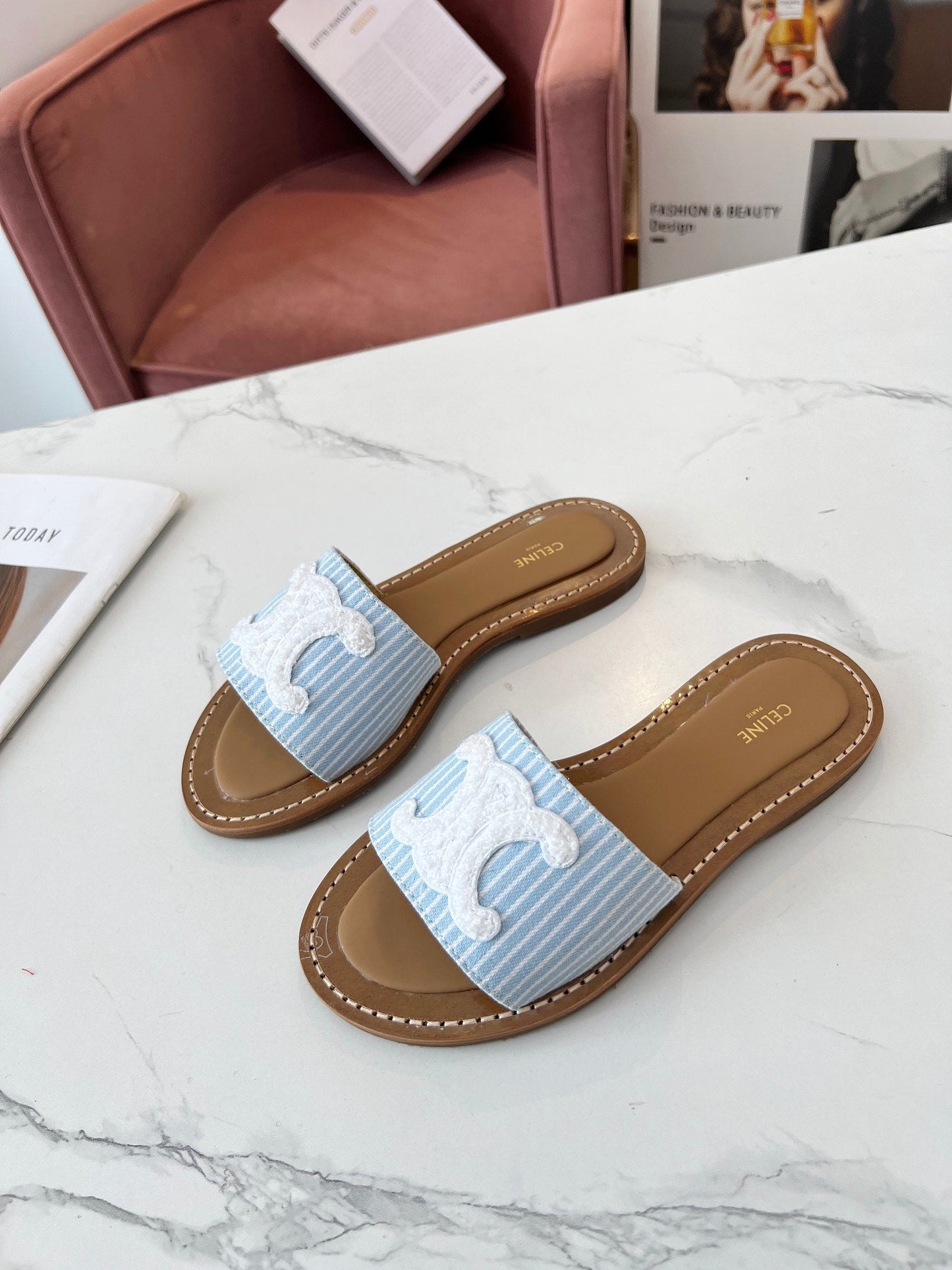 LYMPIA MULE STRIPED BLUE SKY CANVAS WOOL LOGO